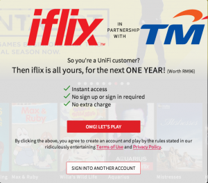 第一次进入iflix.com的TM unifi 或 streamyx 用户应该会看到这个提示,只要按下 OMG!Let's Play,那么以后进入这个网站就再也无需做任何登入和注册,免费使用长达一年。