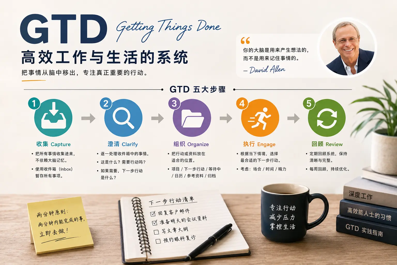GTD( Getting Things Done )是由 David Allen 提出的经典时间管理方法。本文深入介绍 GTD 的起源、五大步骤、两分钟原则、优缺点,以及如何结合 AI 提升工作效率,帮助你重新掌控工作与生活。