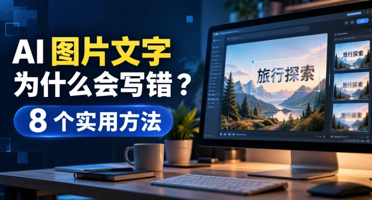 AI 图片文字生成与排版示意图，展示生成式 AI 图片中的中文文字与编辑界面