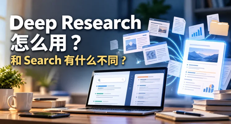 ChatGPT Deep Research 与 Search 工作流程比较示意图，展示搜索、多个资料来源与研究报告整理