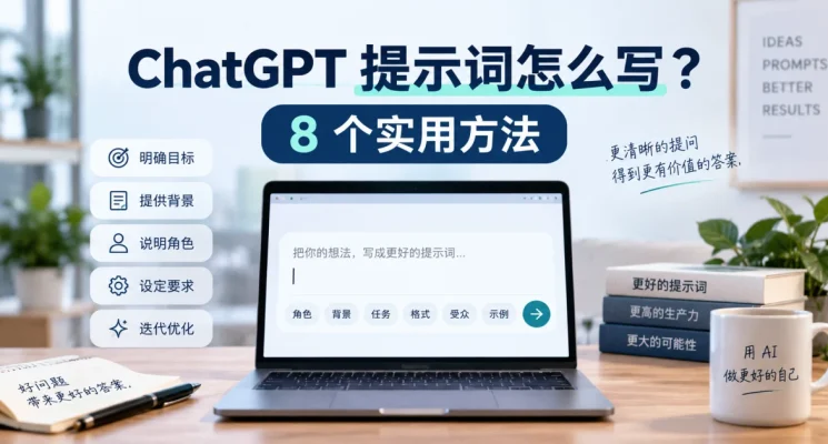 ChatGPT 提示词写作方法示意图，展示明确目标、背景、角色、要求与迭代优化