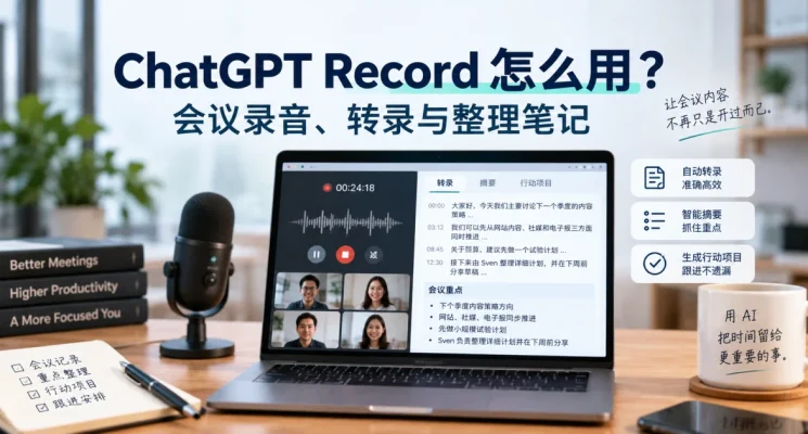 ChatGPT Record 会议录音与转录示意图，展示录音、文字转录、摘要与行动项目整理
