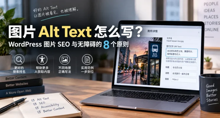 WordPress 图片 Alt Text 编辑示意图，展示替代文字、图片 SEO 与无障碍应用