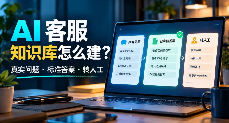 AI 客服知识库工作流程示意：顾客问题、已审核标准答案与转人工处理