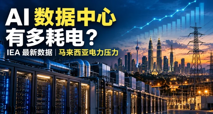 AI 数据中心耗电示意图，展示服务器机房、电网与马来西亚城市景观