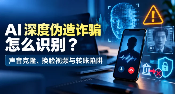 AI 深度伪造诈骗防范示意图，展示声音克隆、换脸视频、身份核实与阻止转账