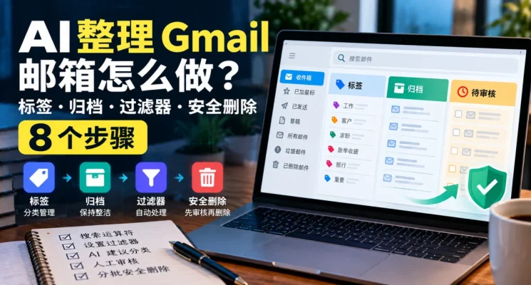 AI 整理 Gmail 邮箱教学主图，展示标签分类、邮件归档、过滤器与人工审核后安全删除的流程