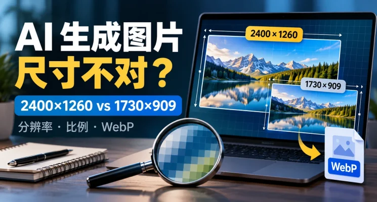 AI 图片尺寸检查示意图，对比2400×1260目标尺寸与1730×909实际尺寸，并展示分辨率、比例和WebP格式