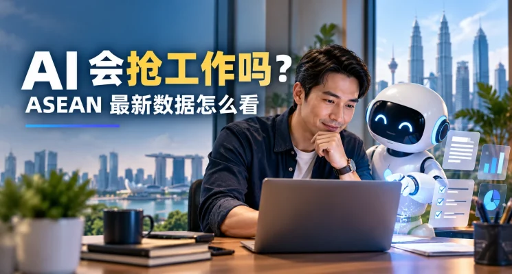 生成式 AI 对东盟就业影响的示意图，呈现人工智能、办公室工作与职业转型