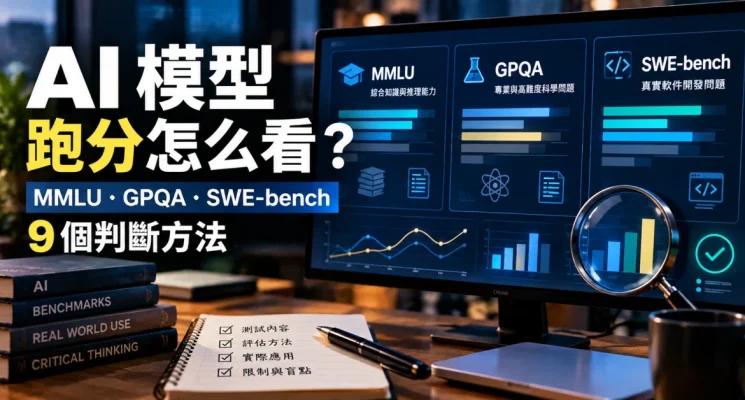 AI 模型跑分评测示意图，展示 MMLU、GPQA 与 SWE-bench 指标及评估图表
