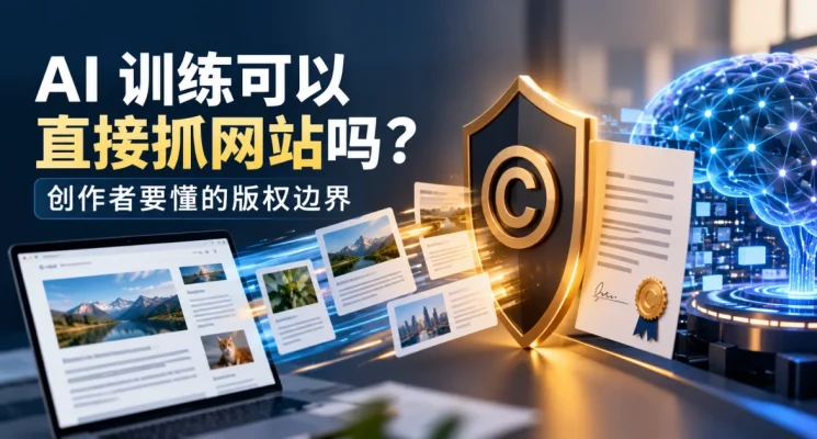 AI 训练与网站内容版权边界示意图，展示网页内容、版权保护、授权文件与 AI 数据核心