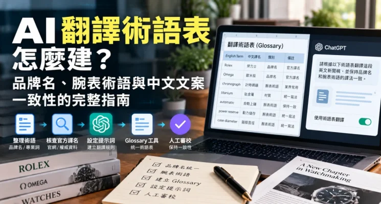 AI 翻译术语表教学主图，展示品牌名称、腕表专业术语的中英对照、术语核查与人工审校流程