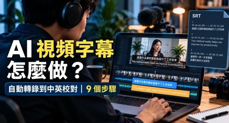 AI 视频字幕制作示意图，展示视频时间轴、音频波形与中英字幕校对