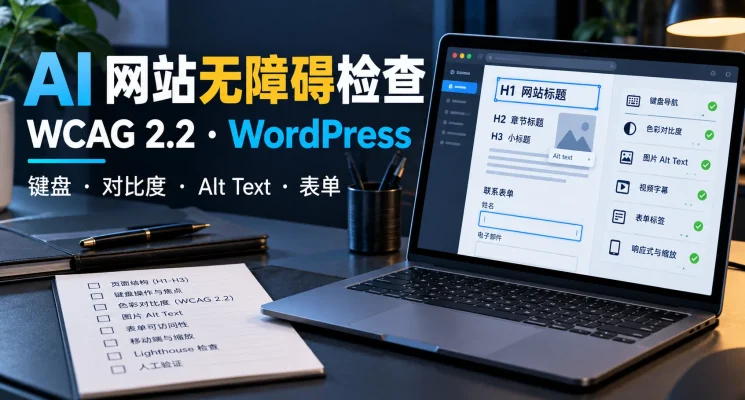 AI 网站无障碍检查示意图，展示 WordPress 页面标题结构、键盘导航、对比度、图片替代文字与表单检查