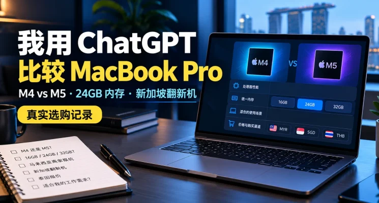使用 ChatGPT 比较 MacBook Pro M4 与 M5、内存配置及马来西亚、新加坡、泰国购买渠道的示意图