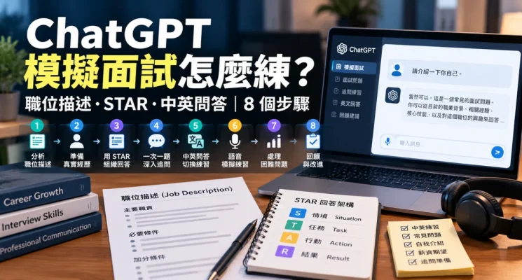 ChatGPT 模拟面试练习示意图，展示职位描述分析、STAR 回答架构、中英文问答和语音练习