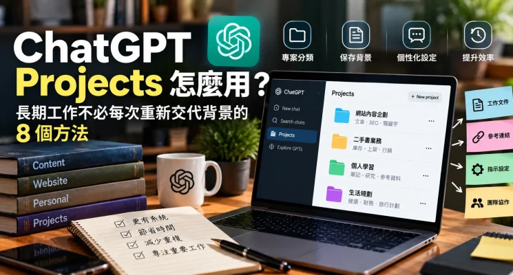 ChatGPT Projects 工作空间示意图，展示不同项目文件夹、背景资料与项目指示的整理方式