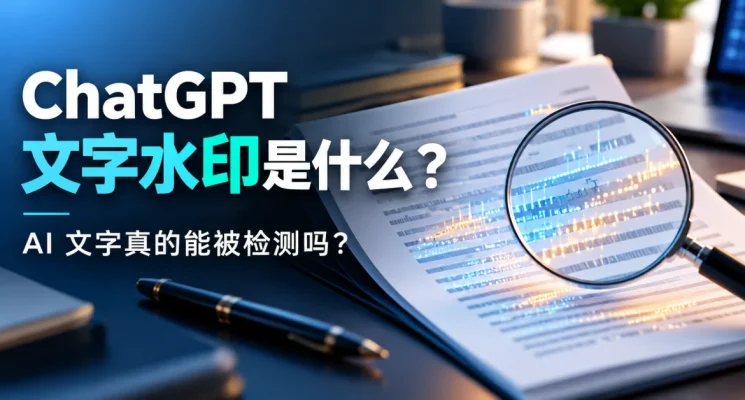 ChatGPT 文字水印示意图，展示 AI 文字统计信号、放大镜检测与编辑工作台