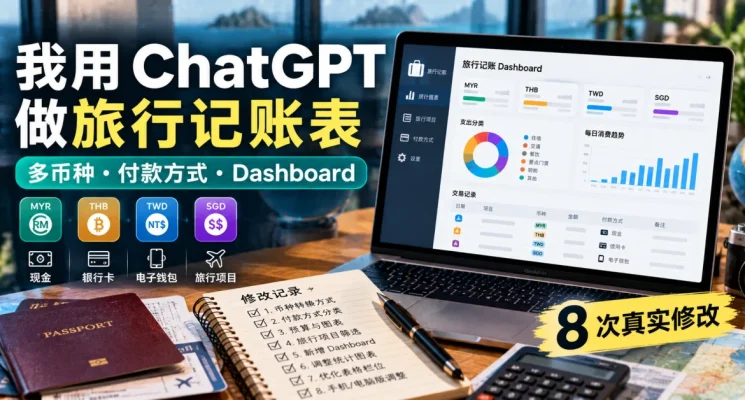 ChatGPT 旅行记账表主图，展示多币种旅行预算、付款方式与 Dashboard 记录界面