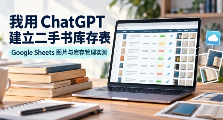 ChatGPT 协助建立二手书库存表的工作台示意图，展示书籍、Google Sheets 库存记录及图片链接管理