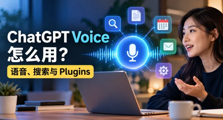 ChatGPT Voice 语音对话、搜索与 Plugins 工作流程示意图，展示语音、搜索、文件、日历与邮件连接