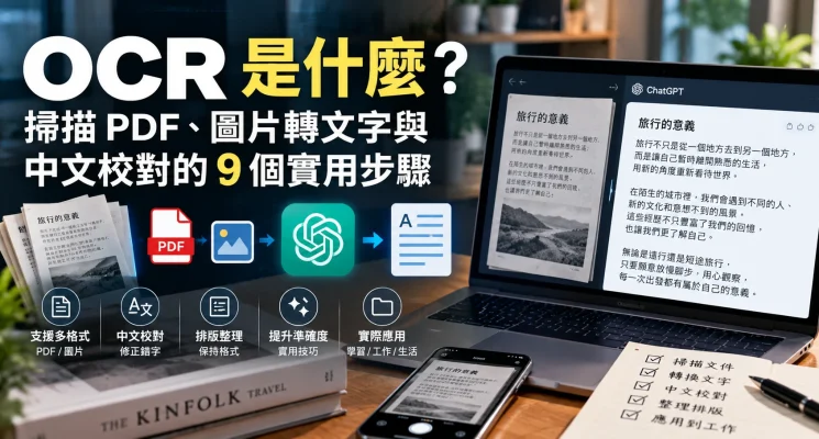 OCR 扫描 PDF 与图片转文字的教学示意图，展示中文文字识别、校对及文件整理流程