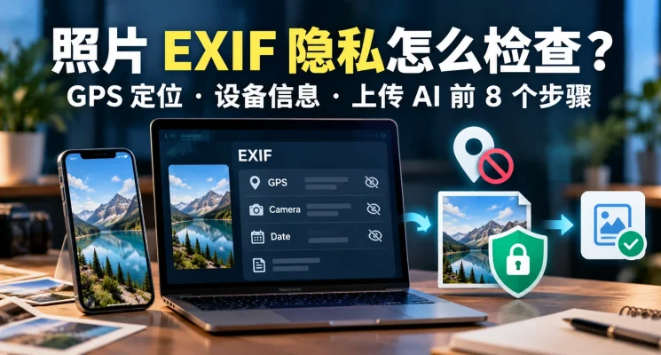 照片 EXIF 隐私检查示意：电脑显示 GPS、相机与拍摄日期元数据，旁边展示隐私保护及安全分享图标