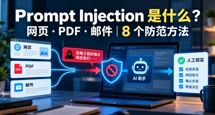 Prompt Injection 提示词注入安全示意图，展示网页、PDF 和邮件中的恶意指令被安全防护阻挡并由人工核实