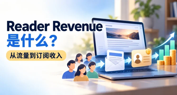 Reader Revenue 网站读者收入示意图，展示内容流量、Newsletter、会员订阅与收入增长流程