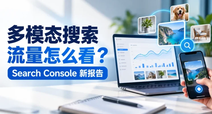 Search Console 多模态搜索流量分析示意图，展示视觉搜索、图片输入与网站流量趋势