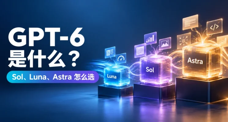 GPT-6 Sol、Luna 与 Astra 模型定位比较示意图，展示三种不同能力与效率层级的 AI 模型